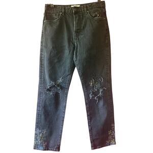 Free People Bren High Rise Cuffed Distressed Boyfriend Jeans 27 HAND PAINTED